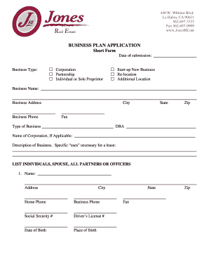 Business Plan Application Form