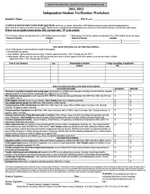 2011-2012 Independent Student Verification Worksheet
