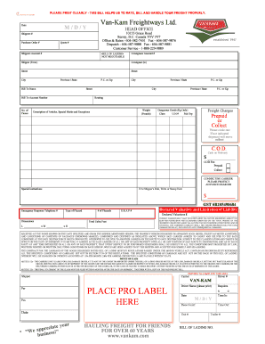 Van-Kam Freightways Bill of Lading