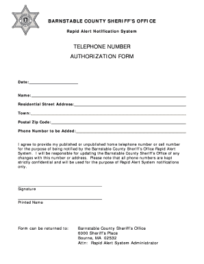 Barnstable County Sheriff's Office Rapid Alert Notification Authorization Form