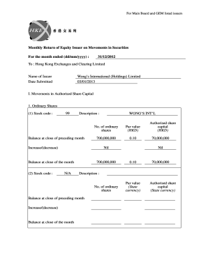 Monthly Return of Equity Issuer on Movements in Securities