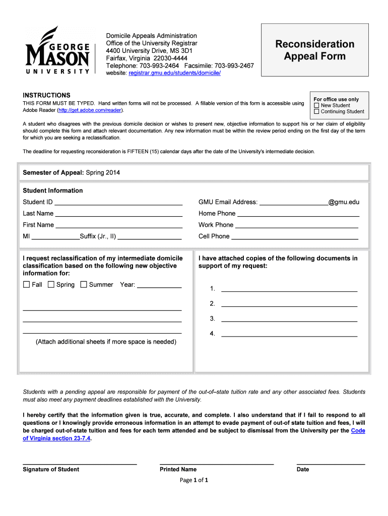 Fillable Online registrar gmu Office of the University Registrar
