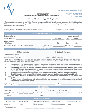 Sun Valley Preauthorized Water/Sewer Bill Payment Agreement