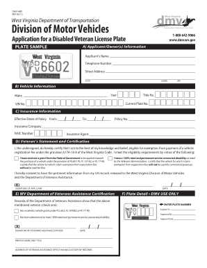 West Virginia Disabled Veteran License Plate Application