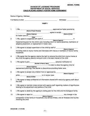 Child Placing Agency Foster Home Agreement