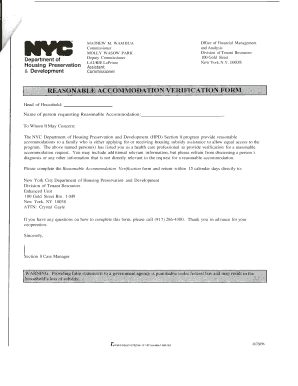NYC HPD Section 8 Reasonable Accommodation Verification Form