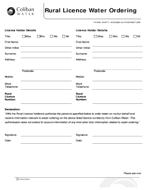 Rural Licence Water Ordering Authorization