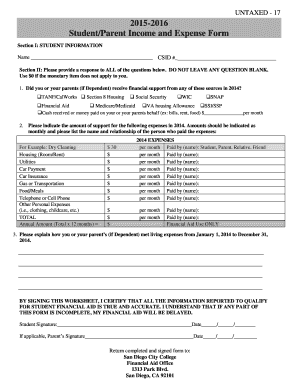 Student/Parent Income and Expense Form
