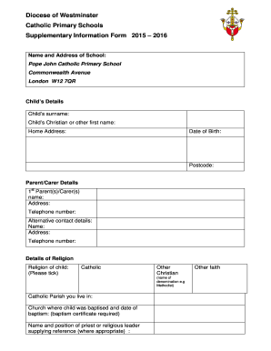 Catholic Primary Schools Supplementary Information Form