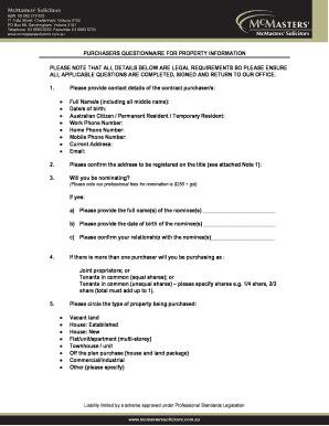 Purchasers Questionnaire for Property Information
