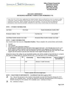2014-2015 Dependent Household Resource Verification Worksheet