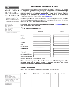 2015 Federal Personal Income Tax Return Checklist