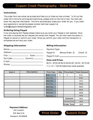 Copper Creek Photography Order Form