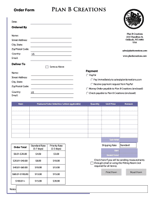 Order Form for Plan B Creations