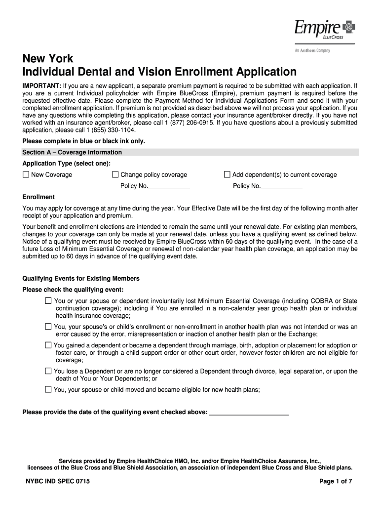 Fillable Online Empire BlueCross New York Individual Dental and Vision Enrollment Application