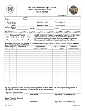 AYSO Team Roster Form
