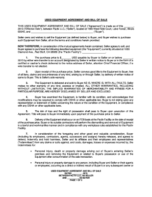 Used Equipment Agreement and Bill of Sale