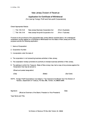 New Jersey Certificate of Withdrawal Application