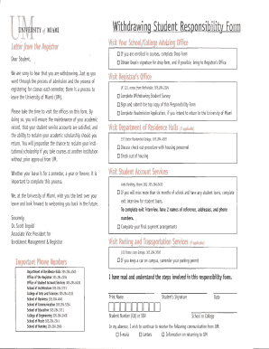 University of Miami Withdrawing Student Responsibility Form