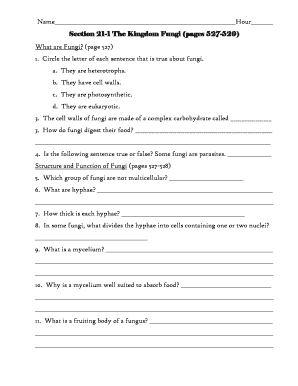 Fungi Worksheet