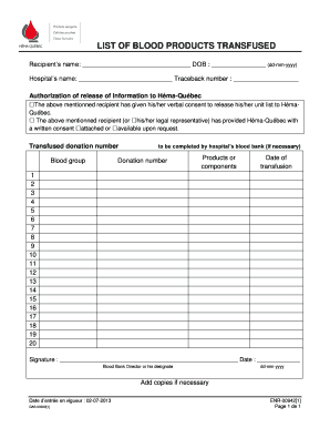 Blood Products Transfusion Record