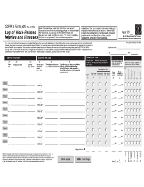 OSHA Form 300 Log of Work-Related Injuries and Illnesses