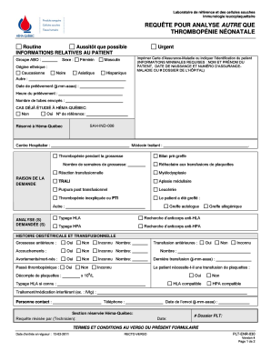 Requête pour analyse autre que thrombopénie néonatale