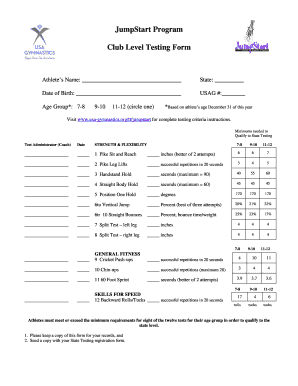JumpStart Program Club Level Testing Form