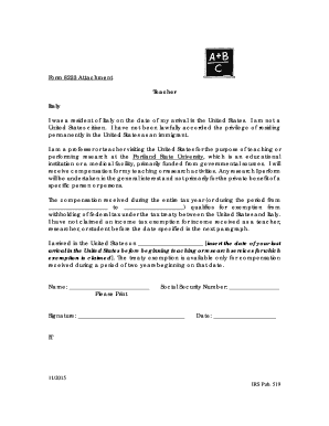 Form 8233 Attachment for Non-Resident Teachers