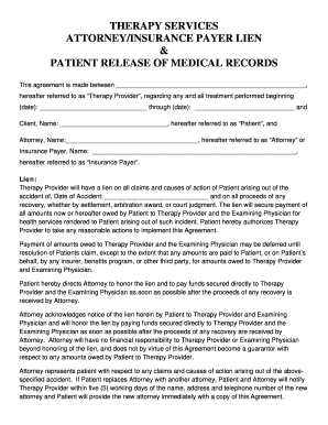 Therapy Services Attorney Insurance Payer Lien and Patient Release of Medical Records