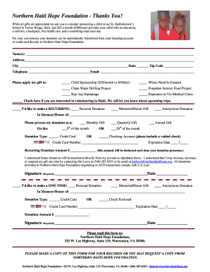 Northern Haiti Hope Foundation Donation Form