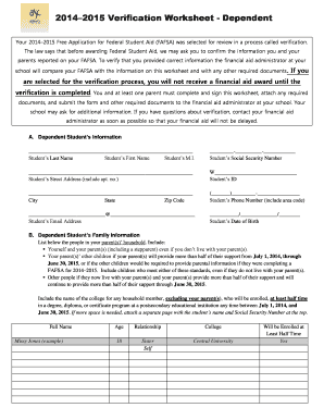 2014–2015 Verification Worksheet - Dependent