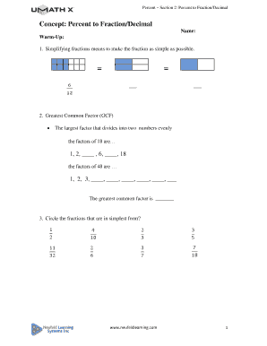 Percent to Fraction/Decimal Worksheet