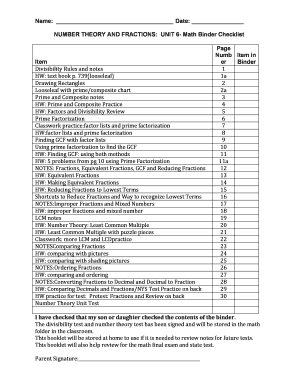 Math Binder Checklist for Number Theory and Fractions