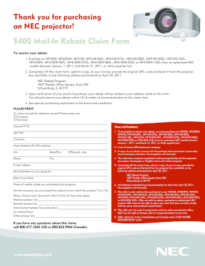 NEC Projector Mail-In Rebate Claim Form