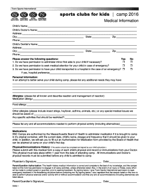 Town Sports International Camp Medical Form