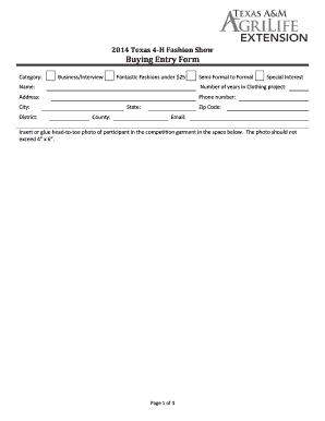 2014 Texas 4-H Fashion Show Buying Entry Form