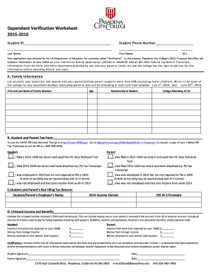 Dependent Verification Worksheet