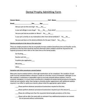 Dental Prophy Admitting Form