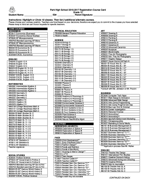 Park High School 2016-2017 Registration Course Card