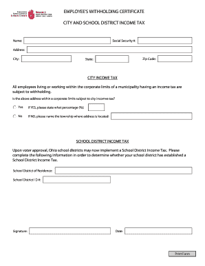 Ohio City and School District Income Tax Withholding Certificate