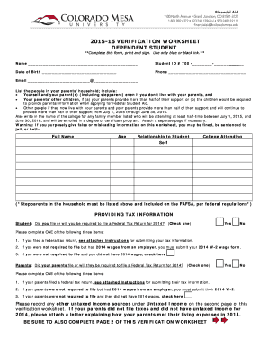 2015-16 Verification Worksheet for Dependent Students