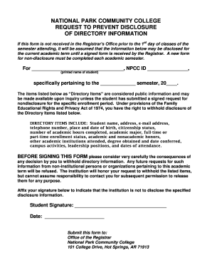 Request to Prevent Disclosure of Directory Information