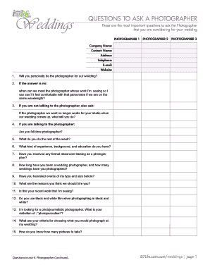 Wedding Photographer Questions Checklist