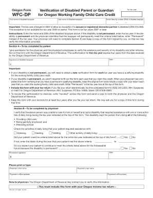 Oregon Form WFC-DP Verification of Disabled Parent or Guardian