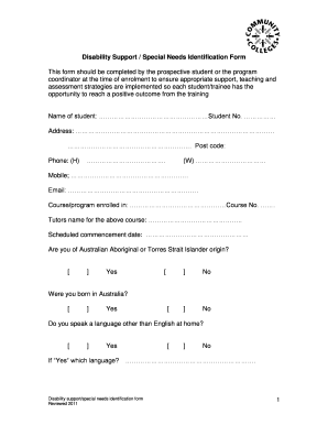 Disability Support Special Needs Identification Form