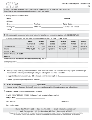 Opera Atelier Subscription Order Form