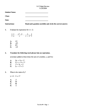 9-12 Math Review Test