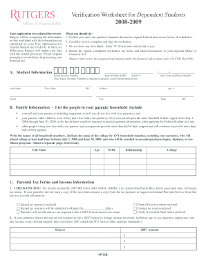 Rutgers Verification Worksheet for Dependent Students