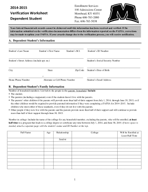 2014-2015 Dependent Student Verification Worksheet